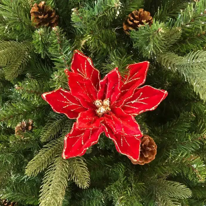 Red Flower With Gold Glitter Christmas Tree Decoration